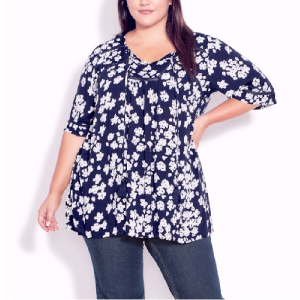 EVANS Navy Floral Boho Crochet Peasant Tassel Tunic M22.7
